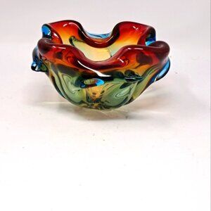 Blue And Red Art Glass Dish/Ashtray